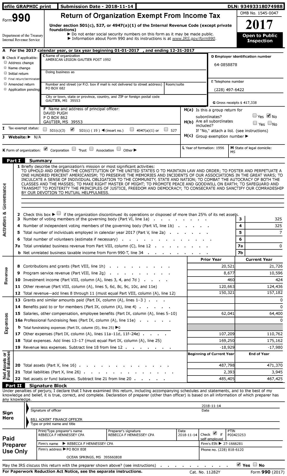 Image of first page of 2017 Form 990 for American Legion - 1992 Gautier-Vancleave Inc Post