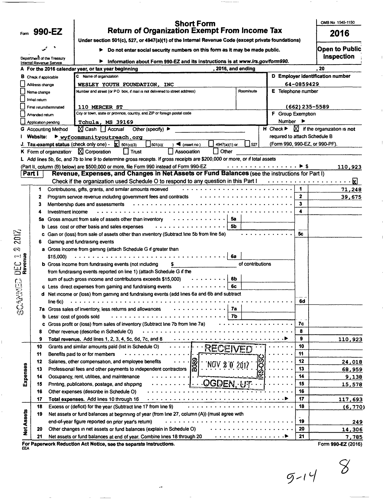 Image of first page of 2016 Form 990EZ for Wesley Youth Foundation