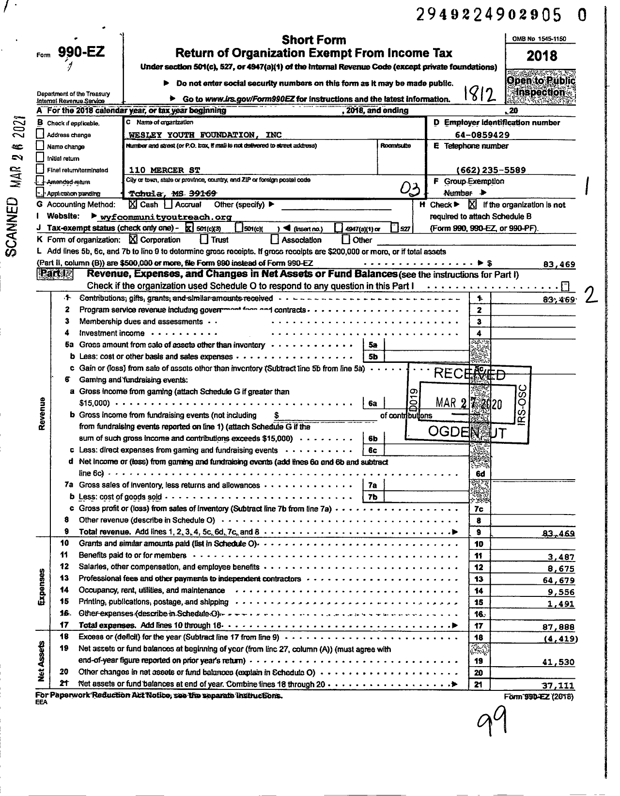 Image of first page of 2018 Form 990EZ for Wesley Youth Foundation