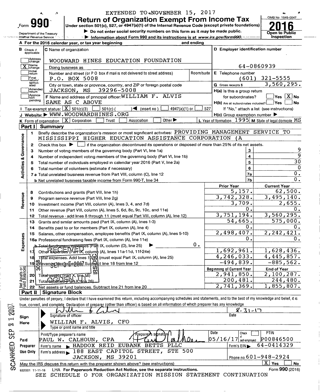 Image of first page of 2016 Form 990 for Woodward Hines Education Foundation