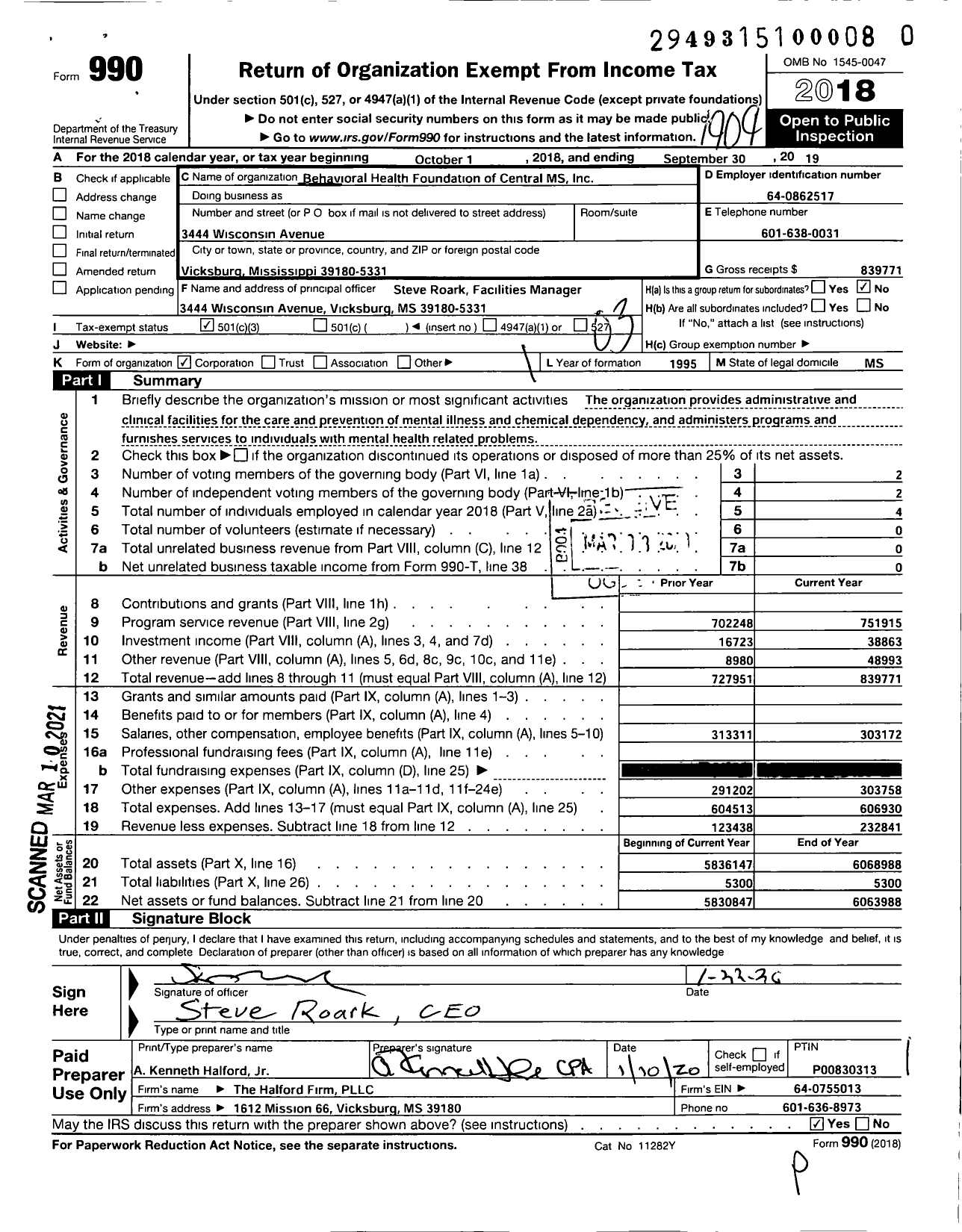 Image of first page of 2018 Form 990 for Behavioral HealTH FOUNDATION OF CENTRAL