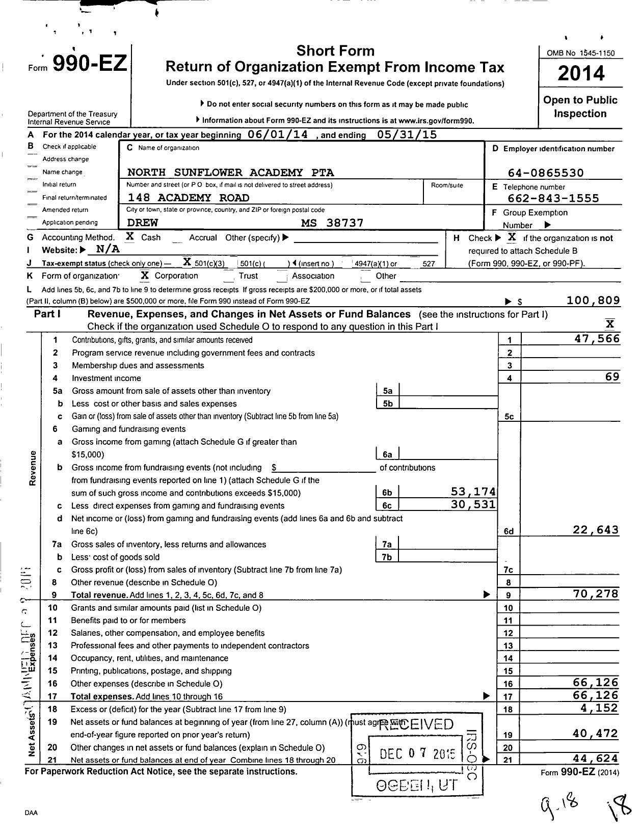 Image of first page of 2014 Form 990EZ for North Sunflower Academy PTA