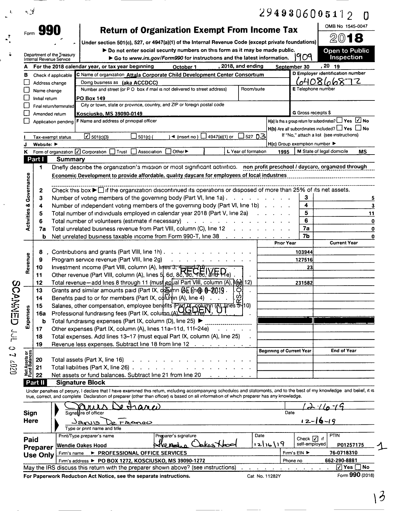 Image of first page of 2018 Form 990 for Attala Corporate Child Development Center Consortium