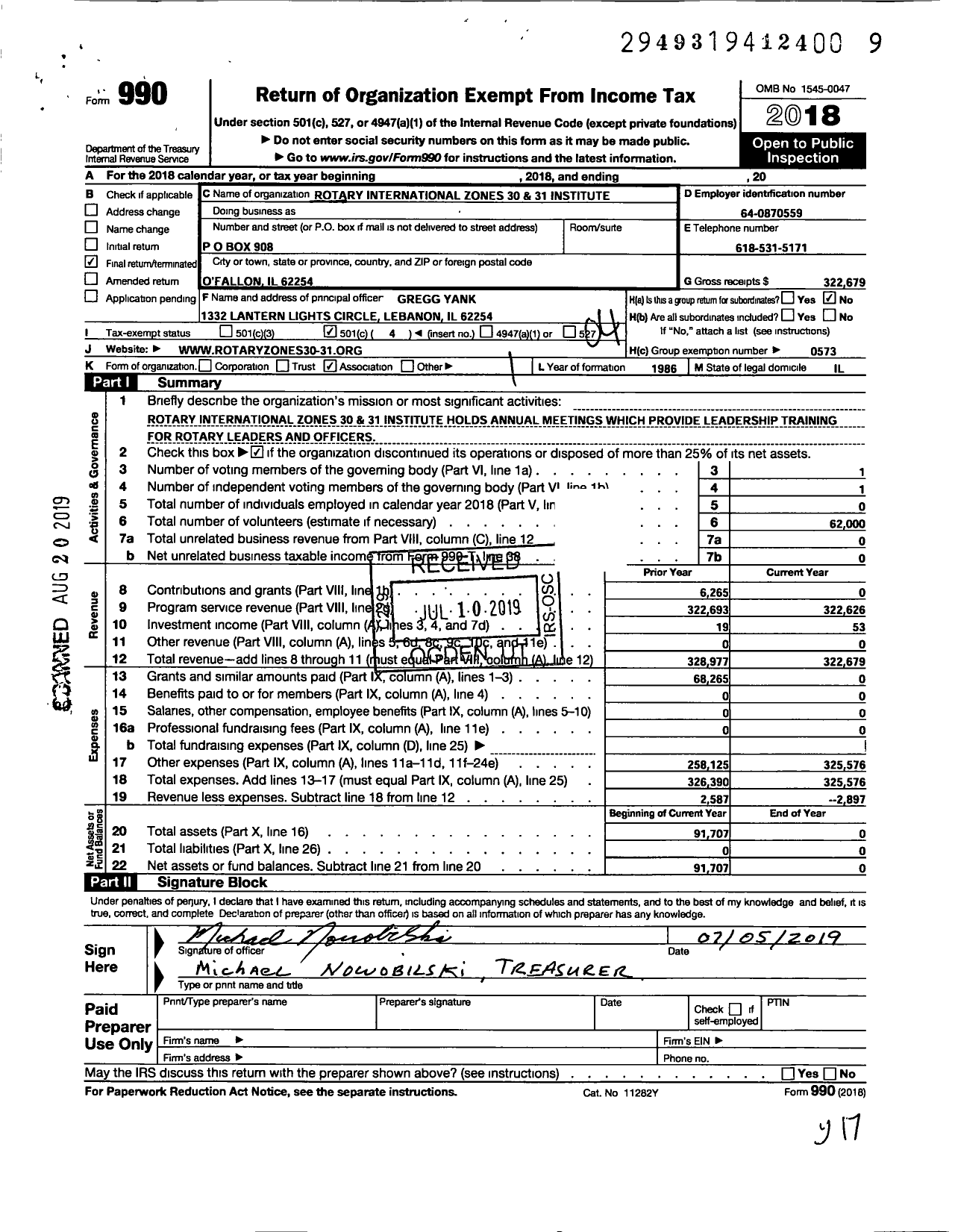 Image of first page of 2018 Form 990O for Rotary International Zones 30 and 31 Institute