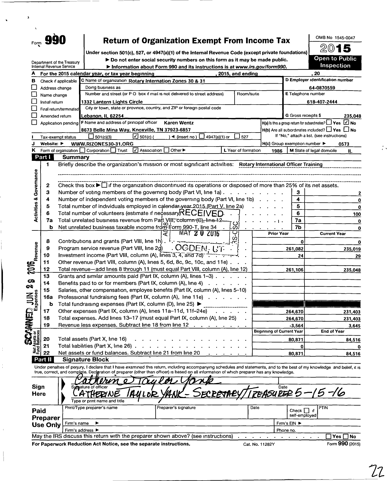 Image of first page of 2015 Form 990O for Rotary International Zones 30 and 31 Institute