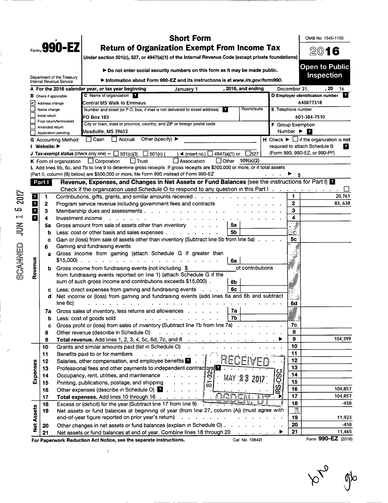 Image of first page of 2016 Form 990EO for Central Mississippi Walk To Emmaus