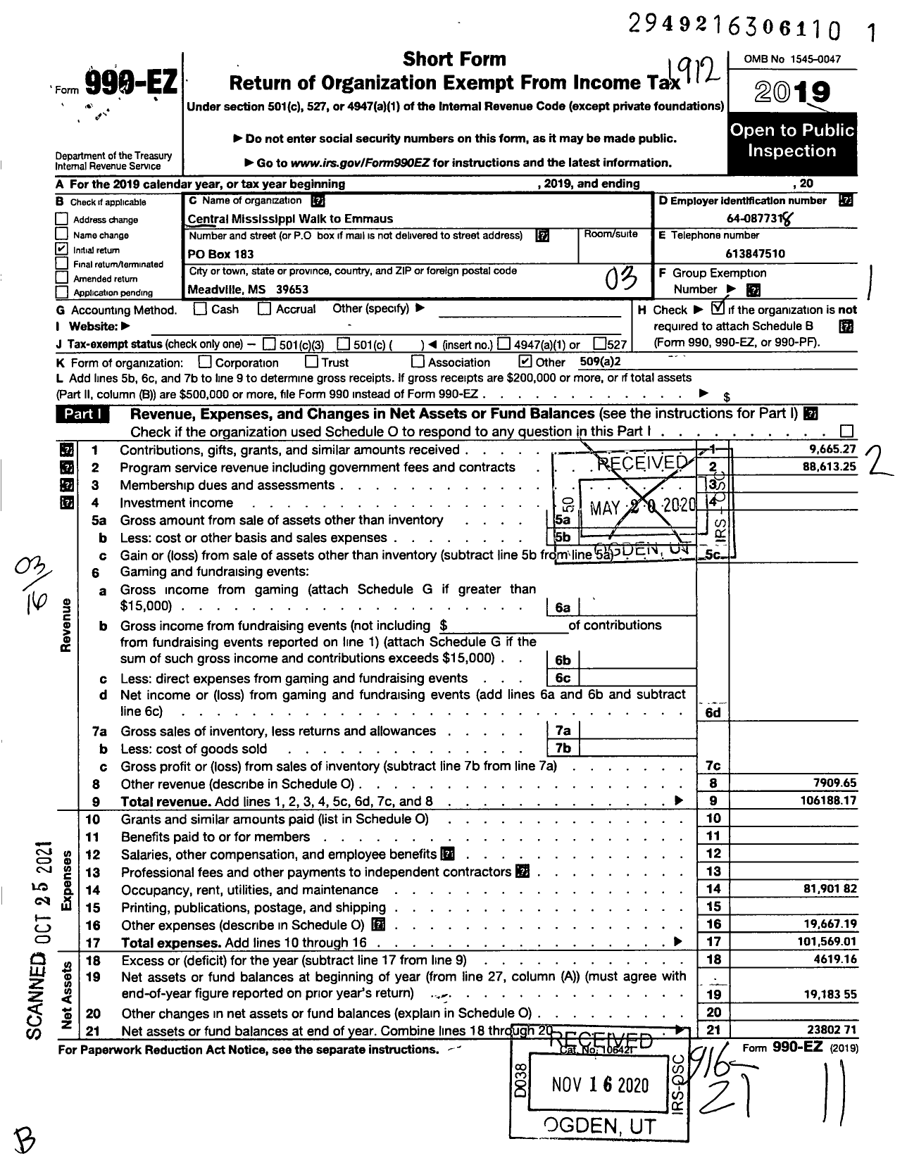 Image of first page of 2019 Form 990EZ for Central Mississippi Walk To Emmaus