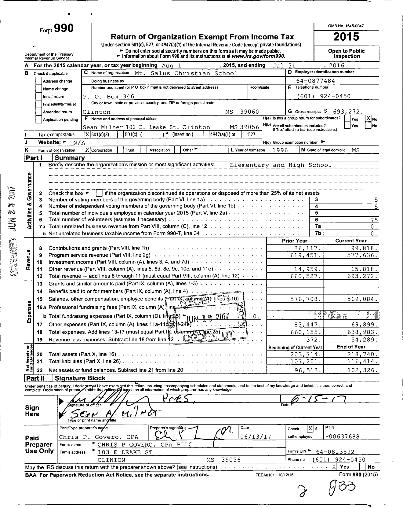 Image of first page of 2015 Form 990 for Mt Salus Christian School