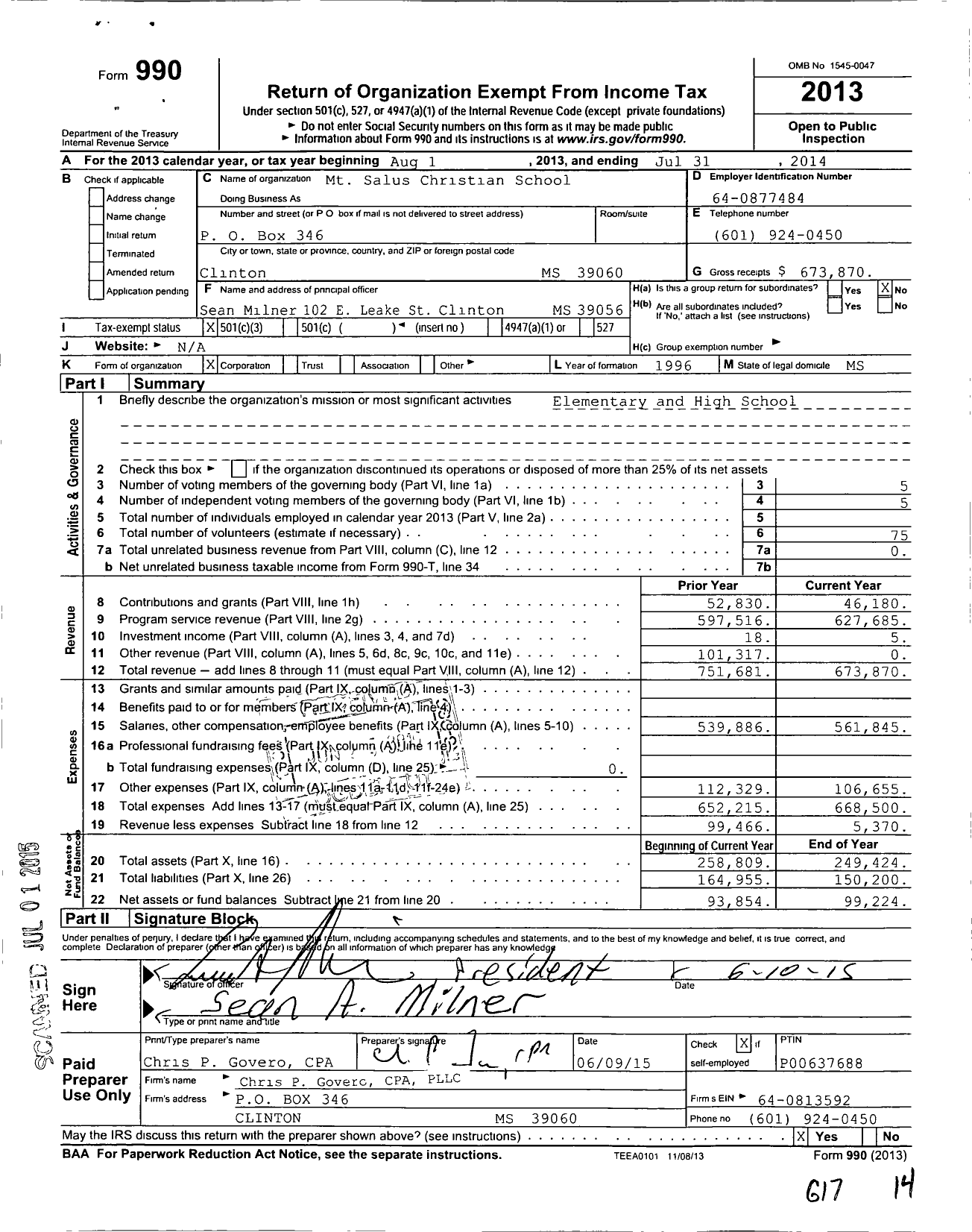 Image of first page of 2013 Form 990 for Mt Salus Christian School