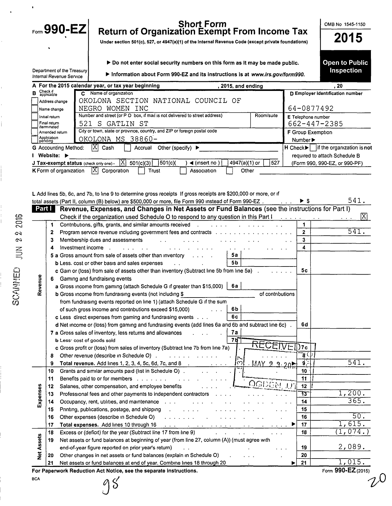 Image of first page of 2015 Form 990EZ for Okolona Section National Council of Negro Women