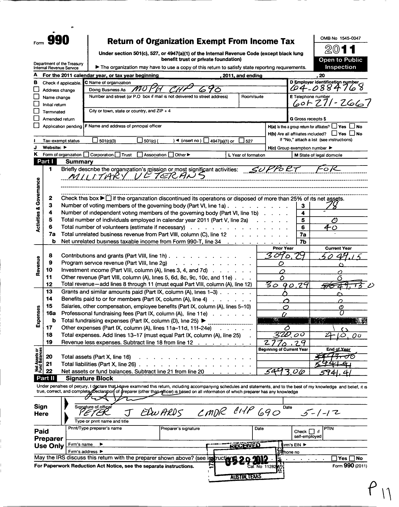 Image of first page of 2011 Form 990O for Military Order of the Purple Heart - 690 Chapter