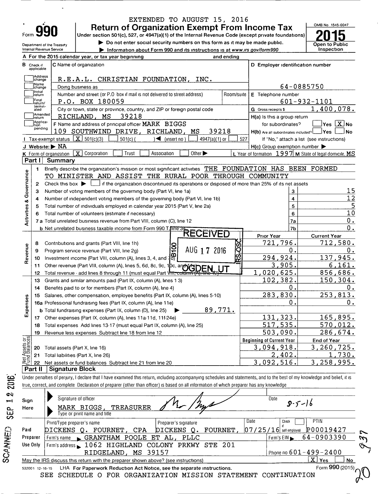 Image of first page of 2015 Form 990 for Real Christian Foundation