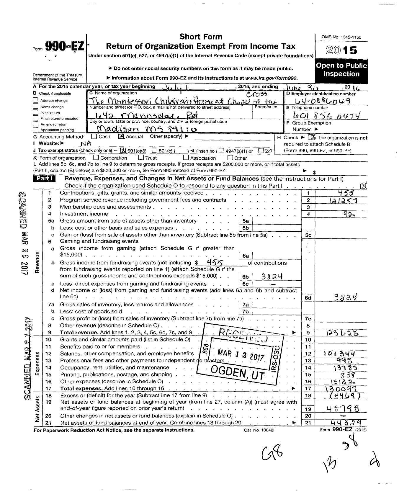 Image of first page of 2015 Form 990EZ for Montessori Childrens House at Chapel of the Cross
