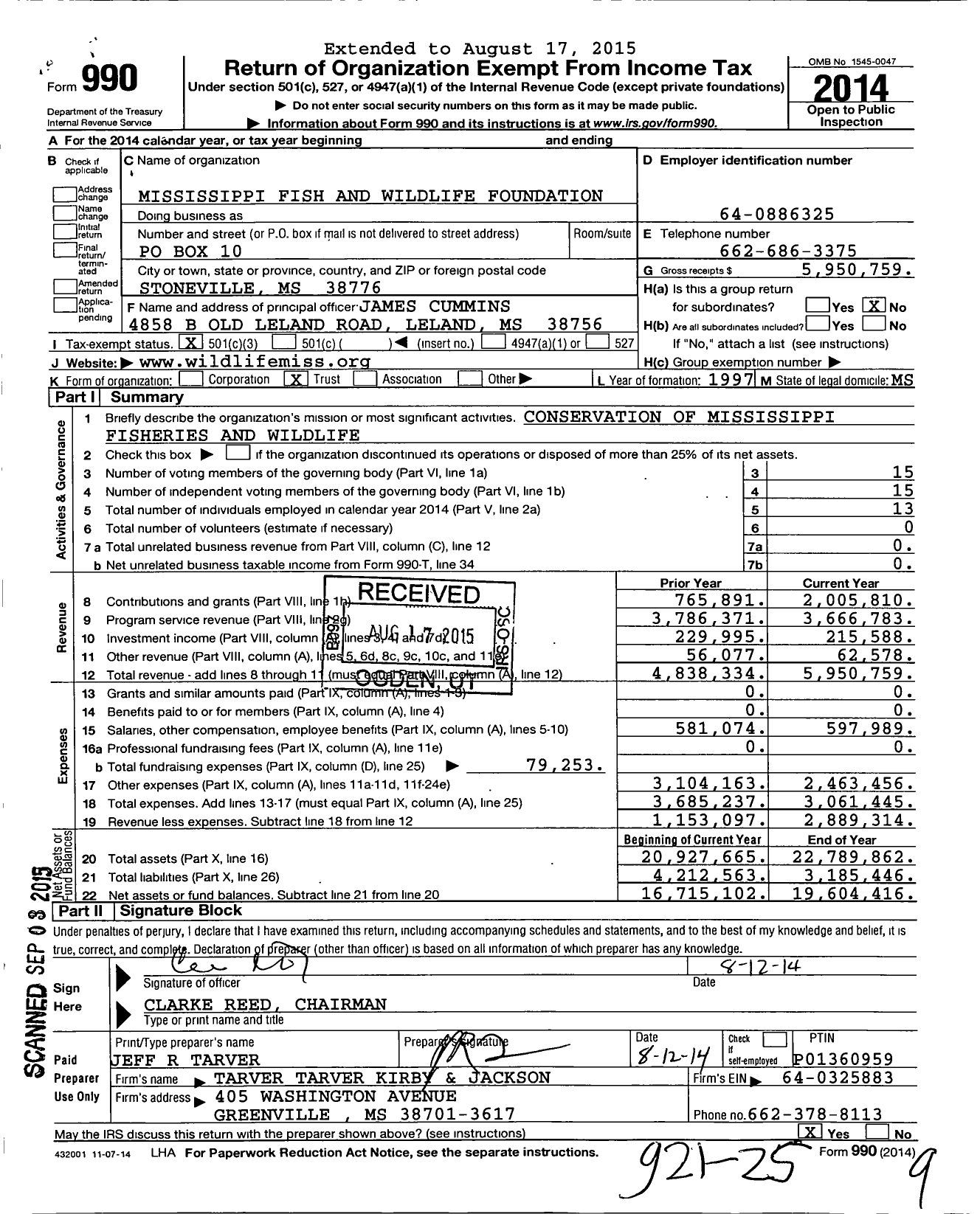 Image of first page of 2014 Form 990 for Wildlife Mississippi