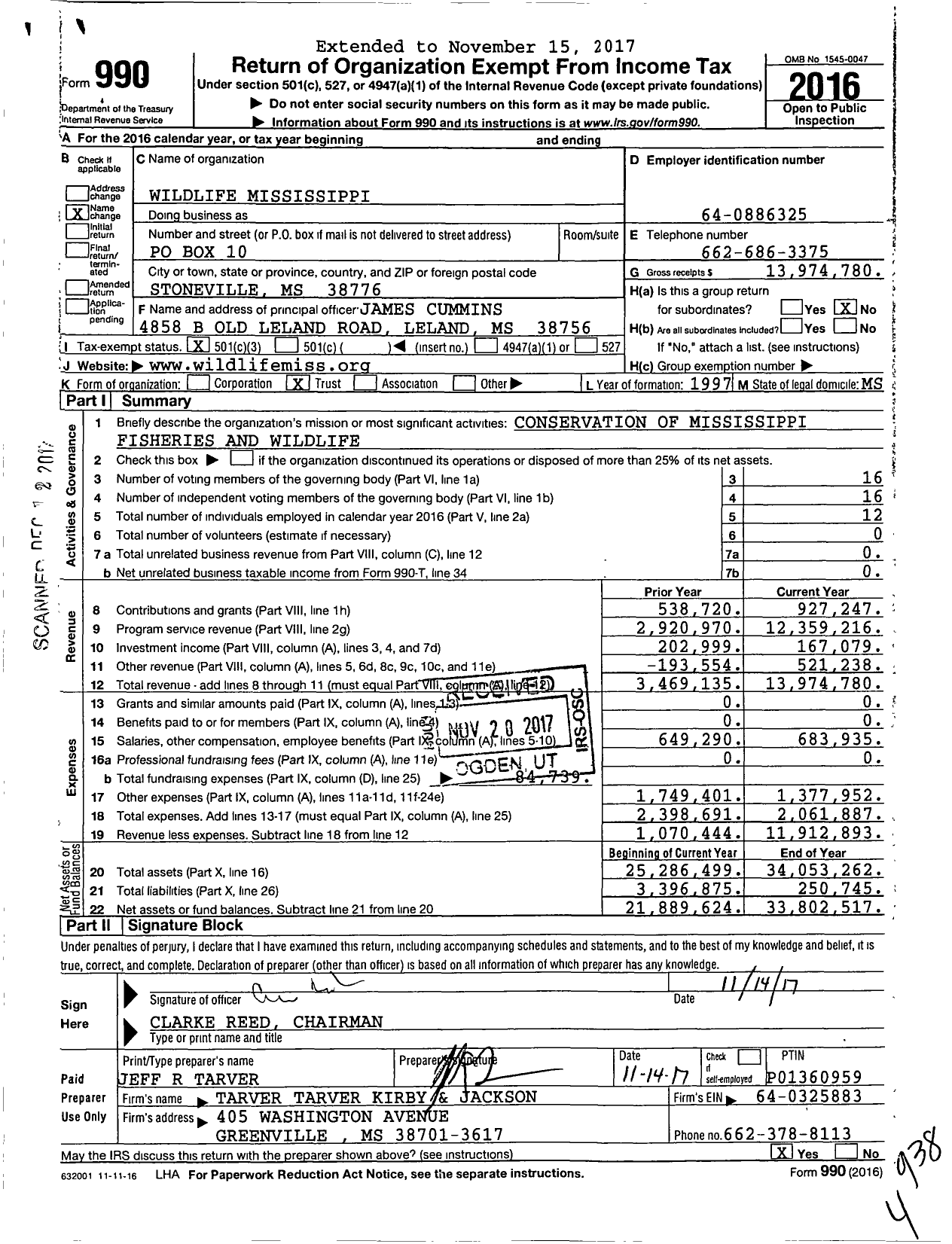 Image of first page of 2016 Form 990 for Wildlife Mississippi