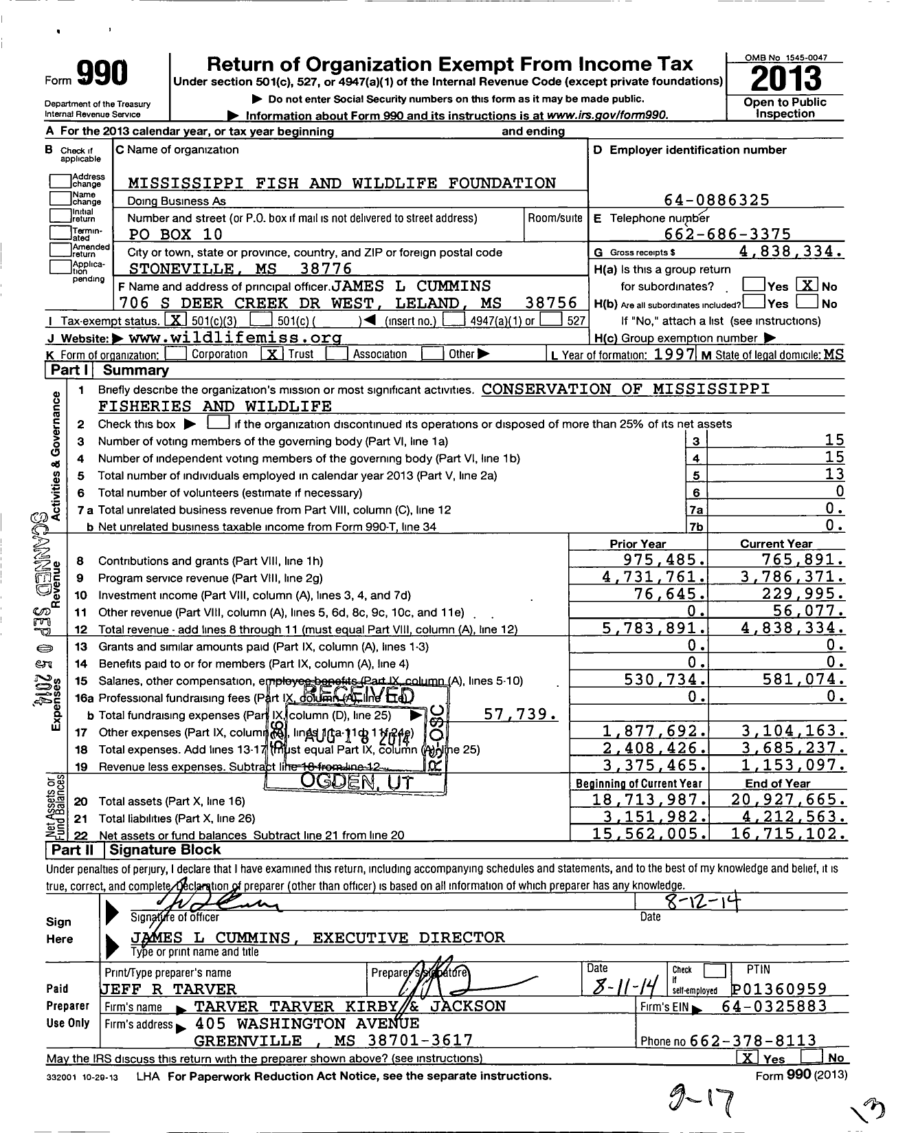 Image of first page of 2013 Form 990 for Wildlife Mississippi