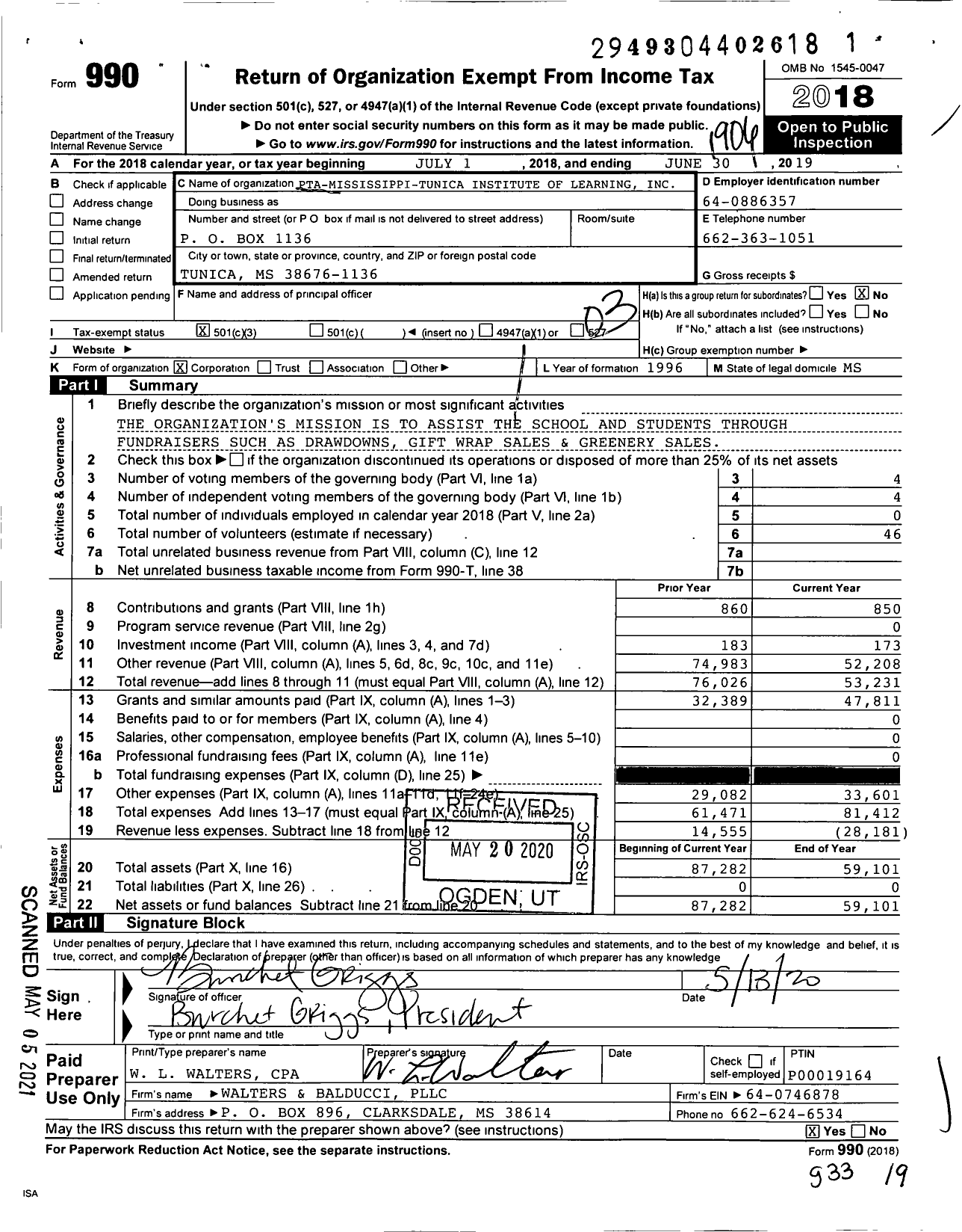 Image of first page of 2018 Form 990 for Pta-Mississippi-Tunica Institute of Learning