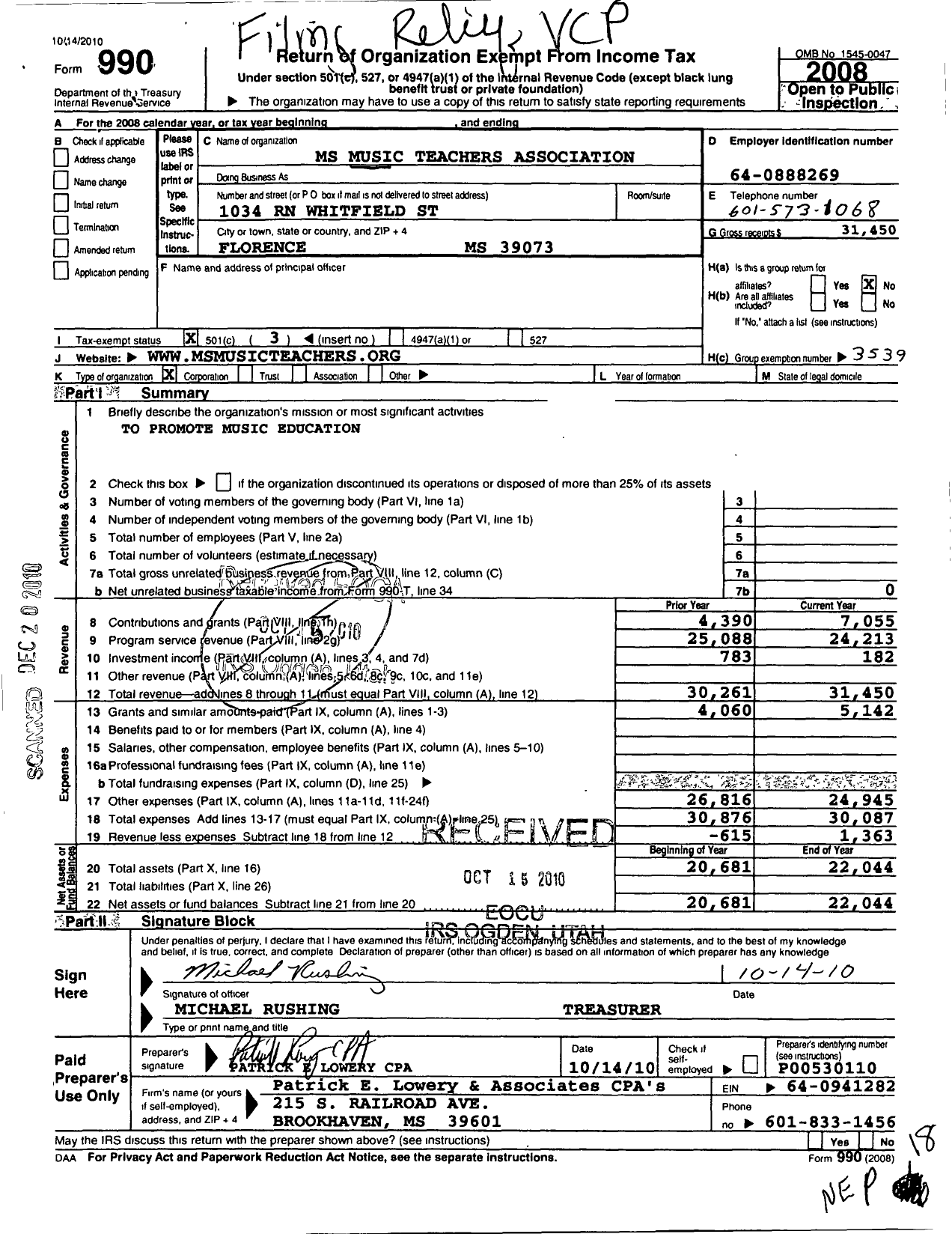 Image of first page of 2008 Form 990 for Music Teachers National Association / Mississippi Mta