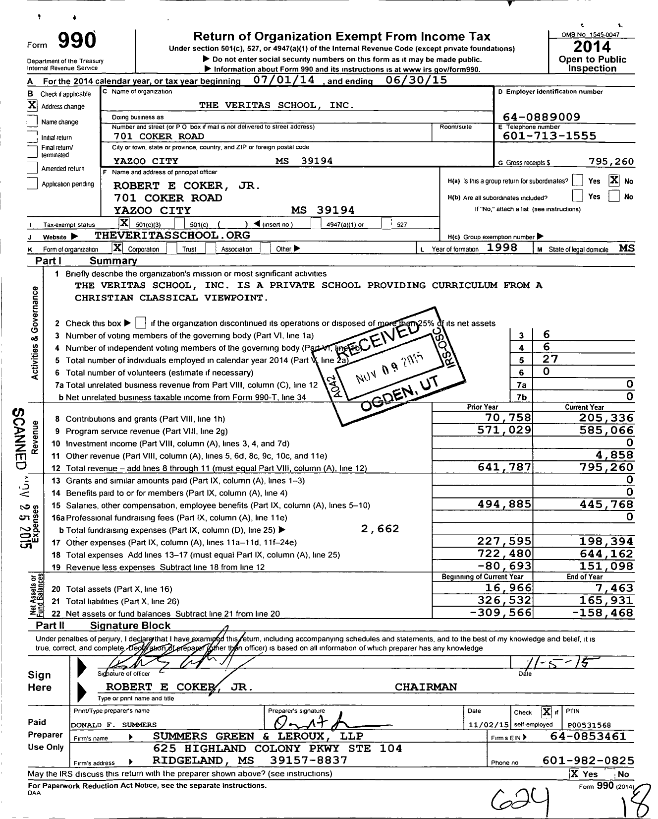 Image of first page of 2014 Form 990 for Veritas School