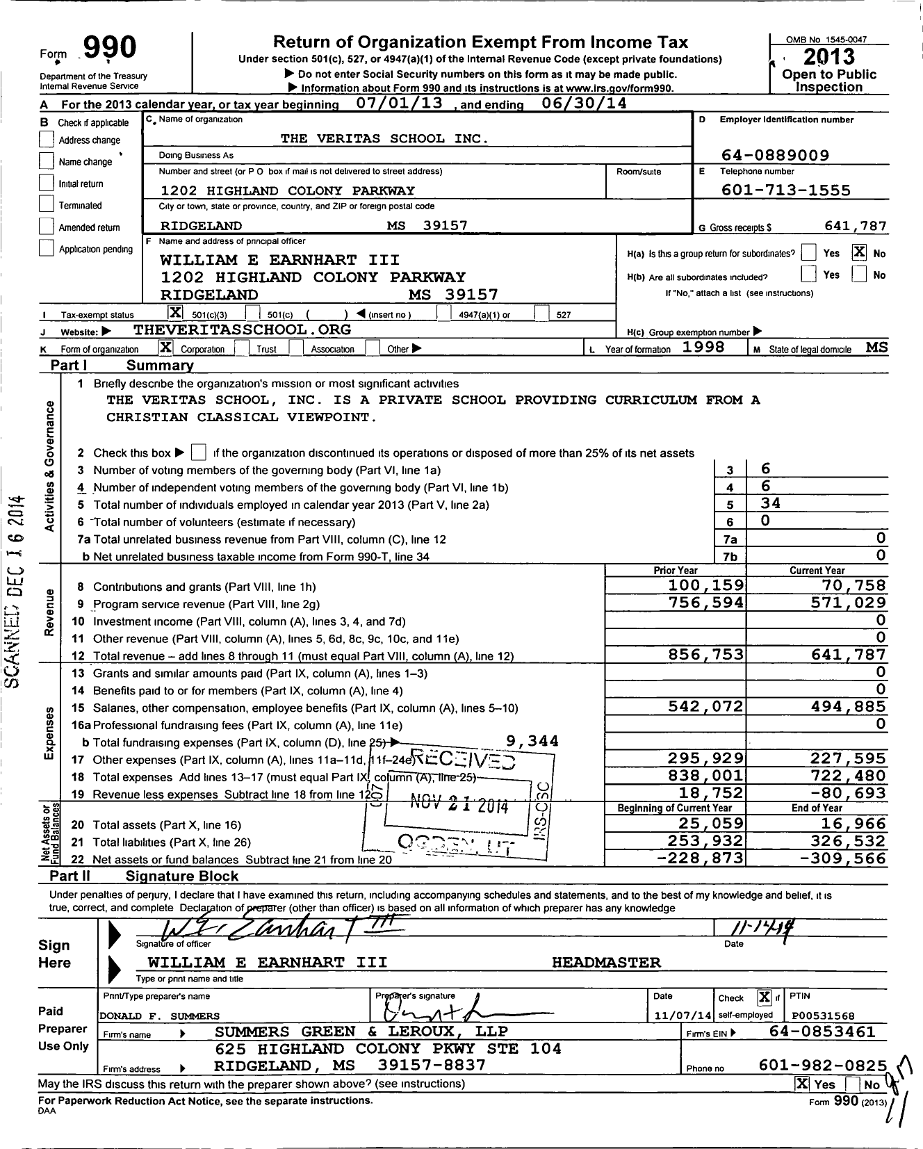 Image of first page of 2013 Form 990 for Veritas School