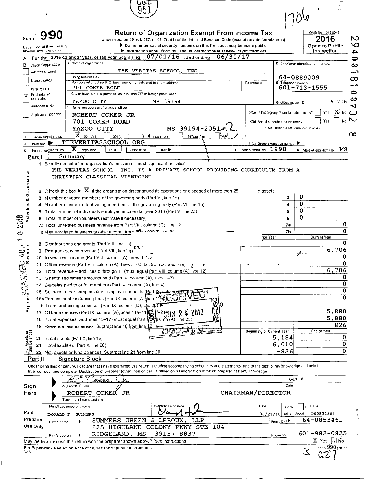 Image of first page of 2016 Form 990 for Veritas School