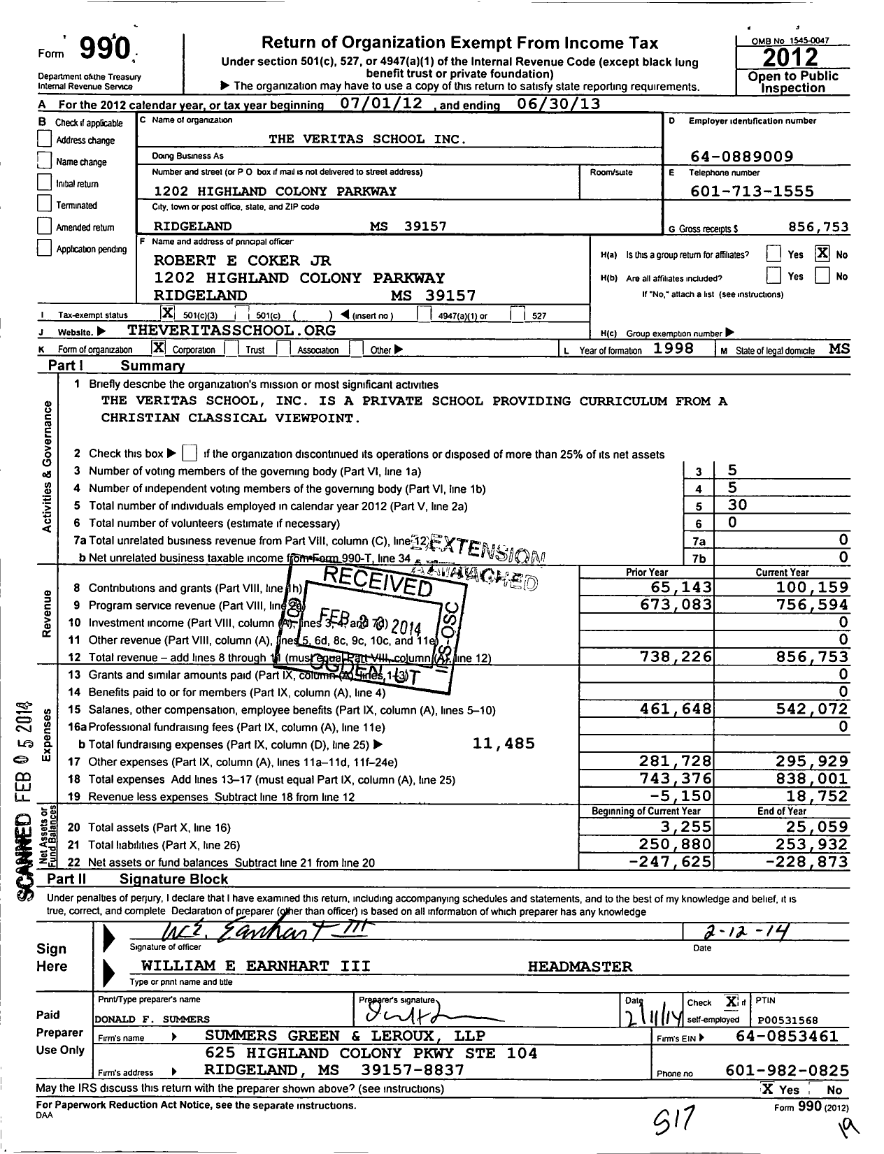 Image of first page of 2012 Form 990 for Veritas School