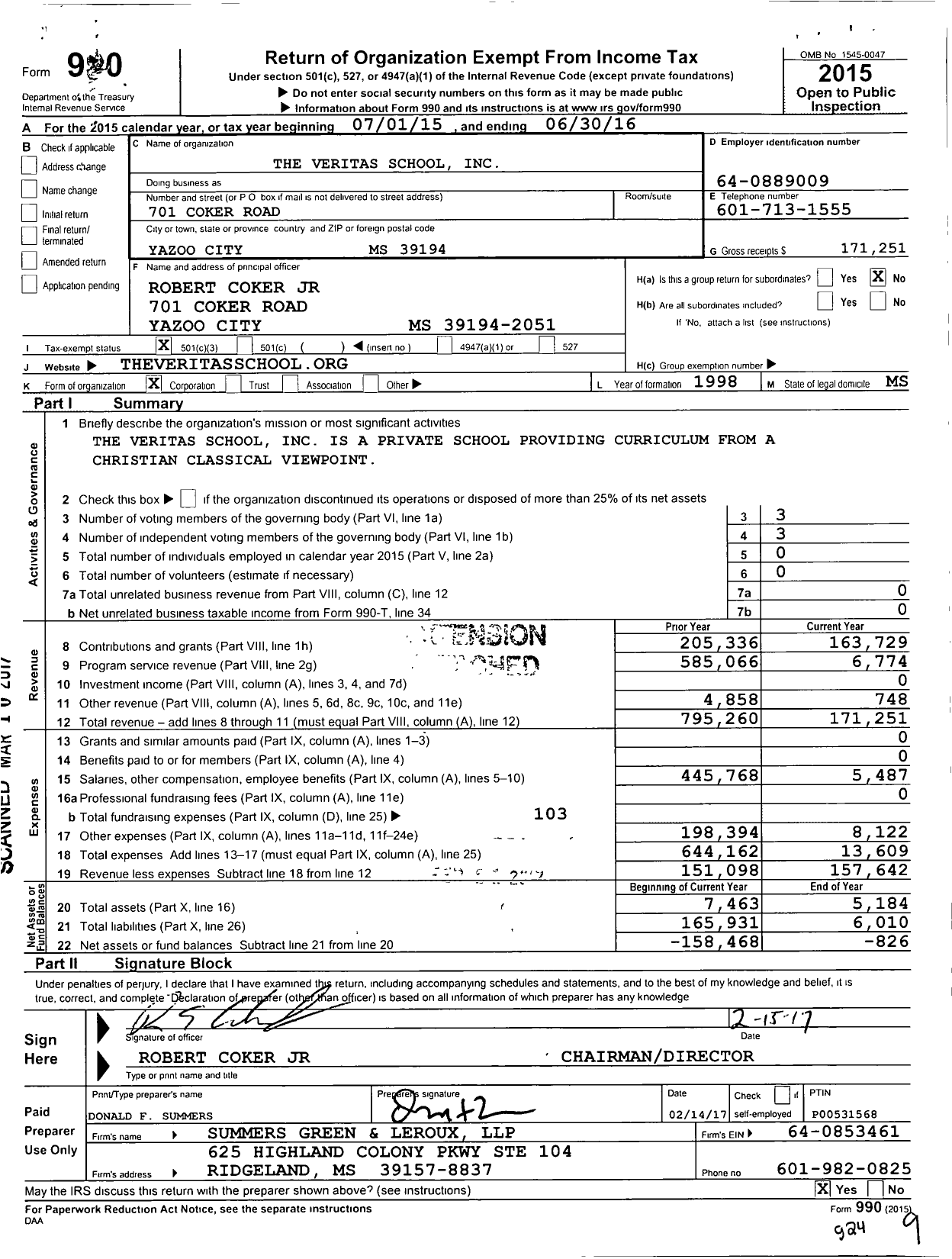 Image of first page of 2015 Form 990 for Veritas School