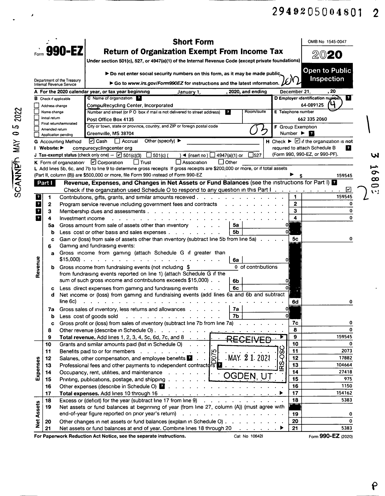 Image of first page of 2020 Form 990EZ for CompuRecycling Center Incorporated