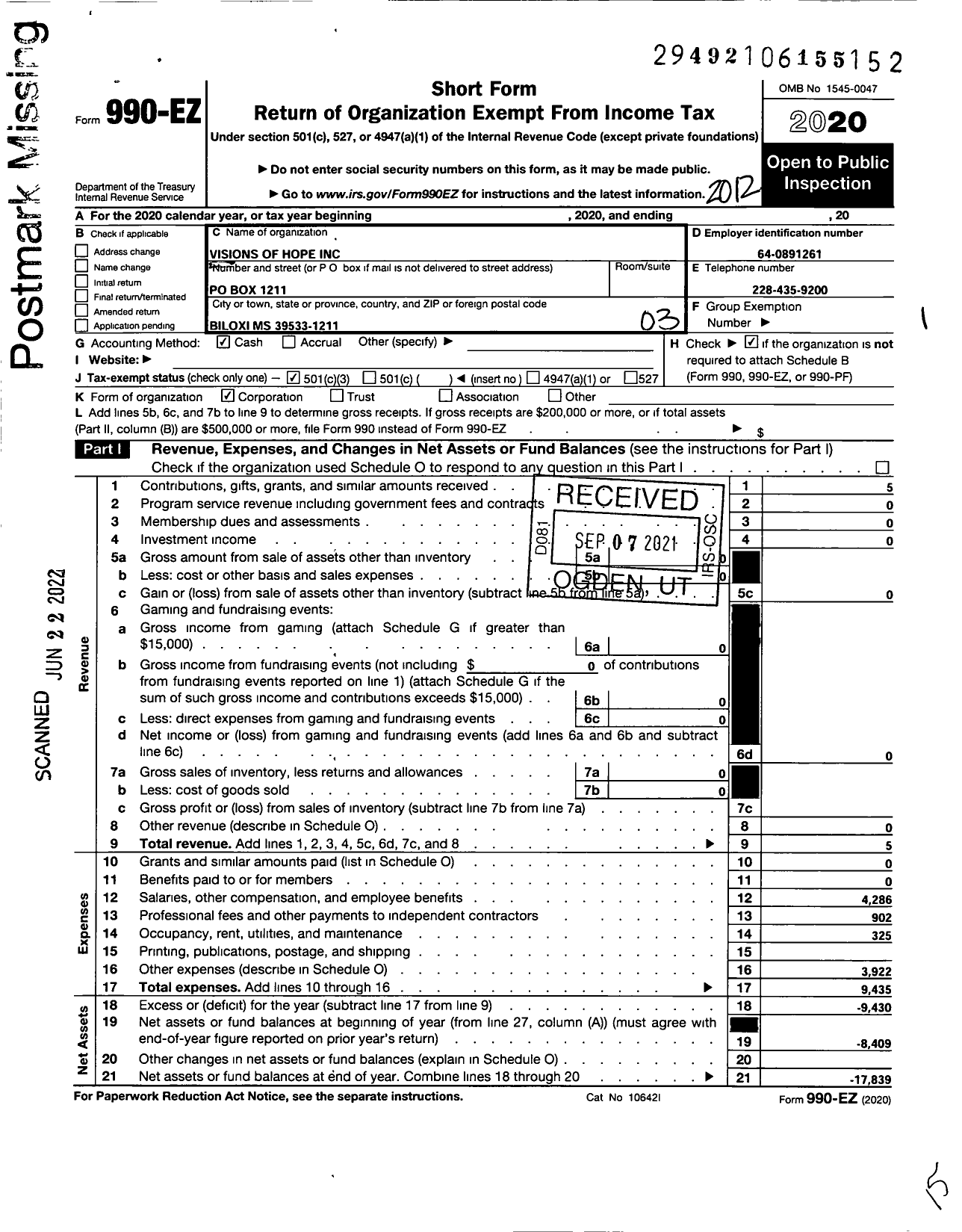 Image of first page of 2020 Form 990EZ for Visions of Hope