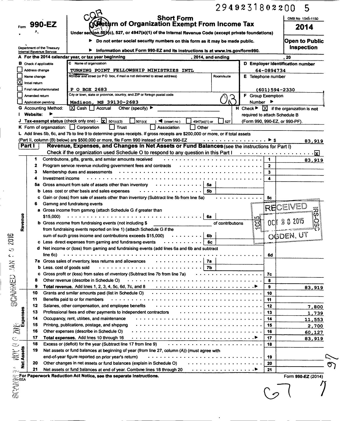 Image of first page of 2014 Form 990EZ for Turning Point Fellowship Ministries