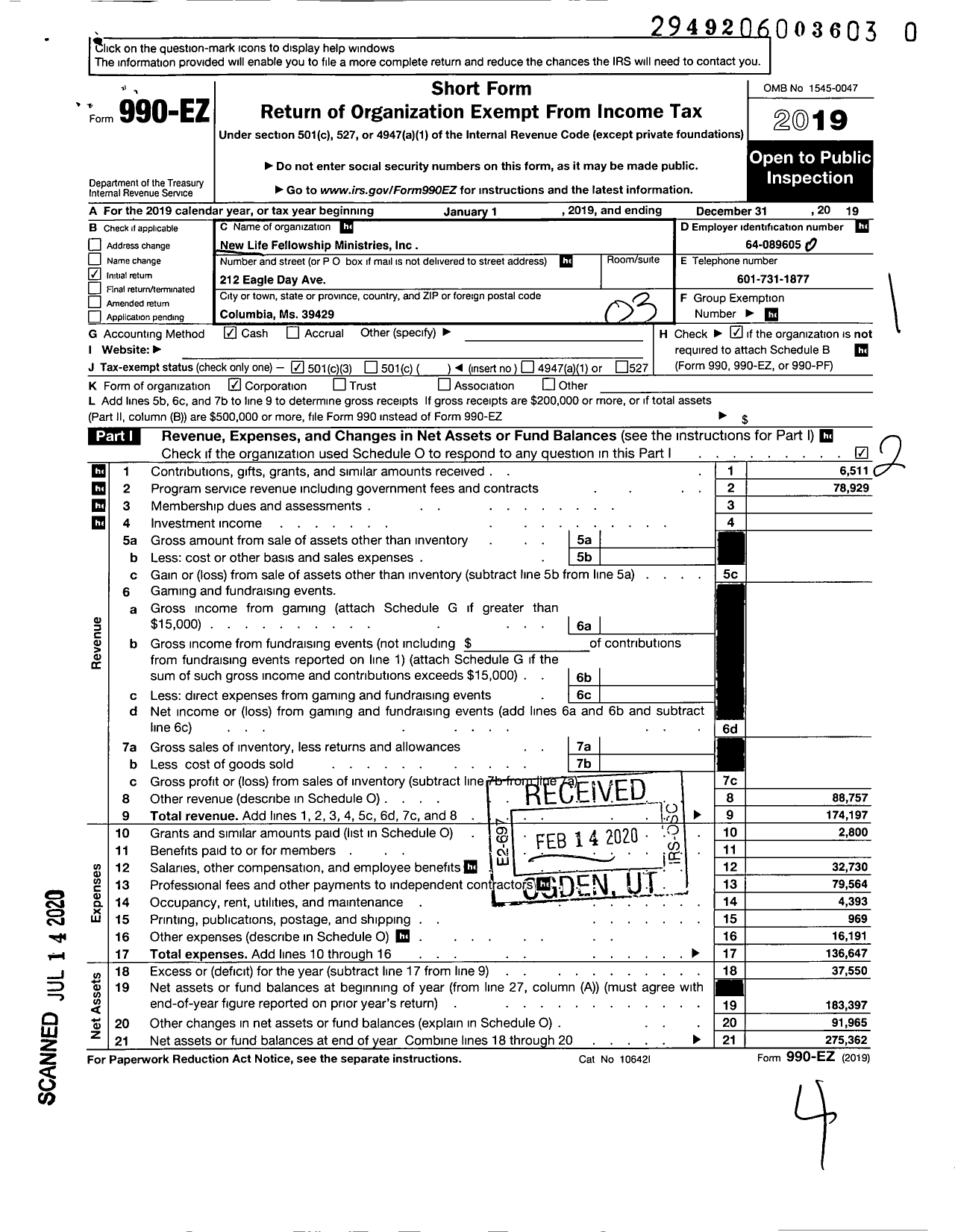 Image of first page of 2019 Form 990EZ for New Life Fellowship Ministries