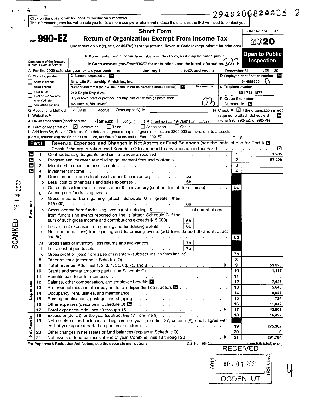 Image of first page of 2020 Form 990EZ for New Life Fellowship Ministries