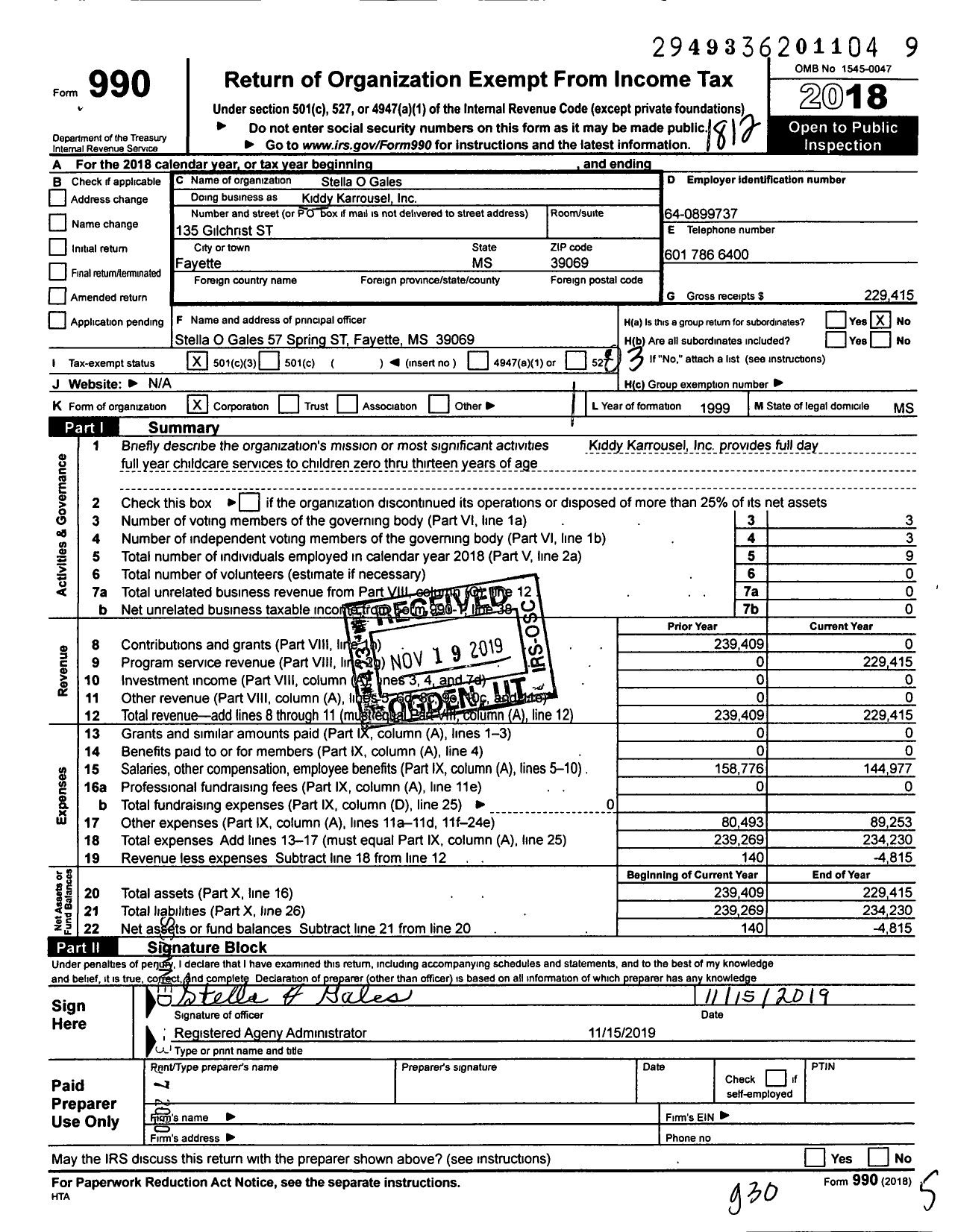 Image of first page of 2018 Form 990 for Kiddy Karrousel