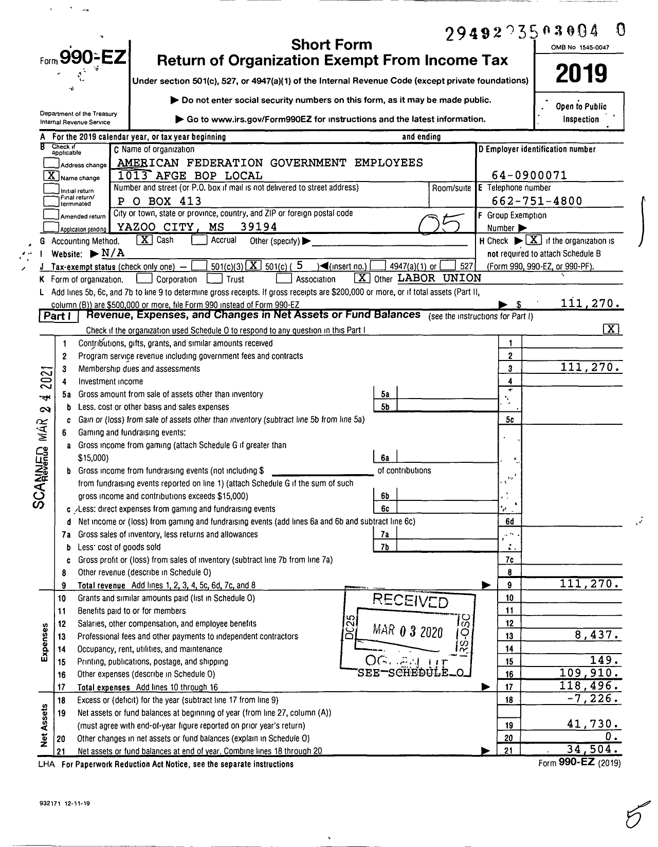 Image of first page of 2019 Form 990EO for American Federation of Government Employees - 1013 AFGE Bop Local