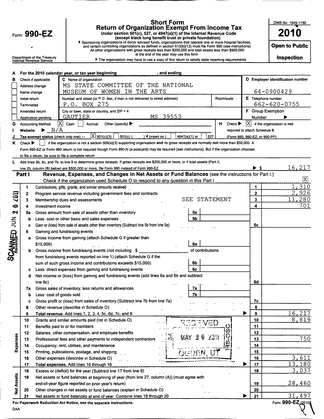 Image of first page of 2010 Form 990EZ for Mississippi Committee-National Museum Women in the Arts