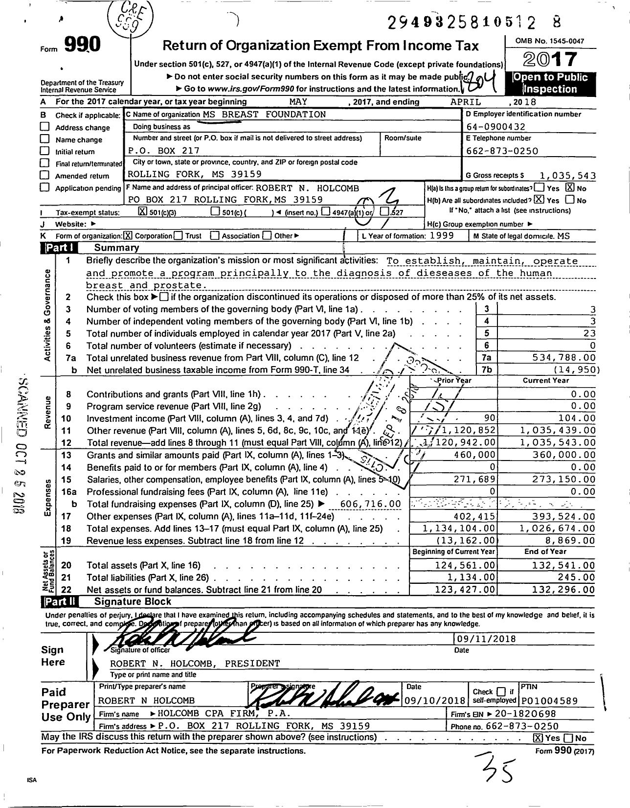 Image of first page of 2017 Form 990 for MS Breast Foundation