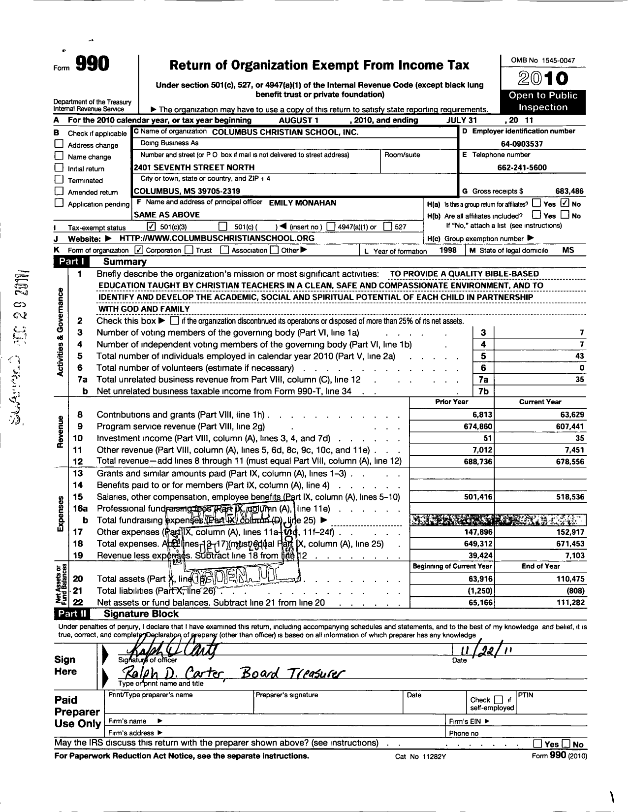 Image of first page of 2010 Form 990 for Columbus Christian School