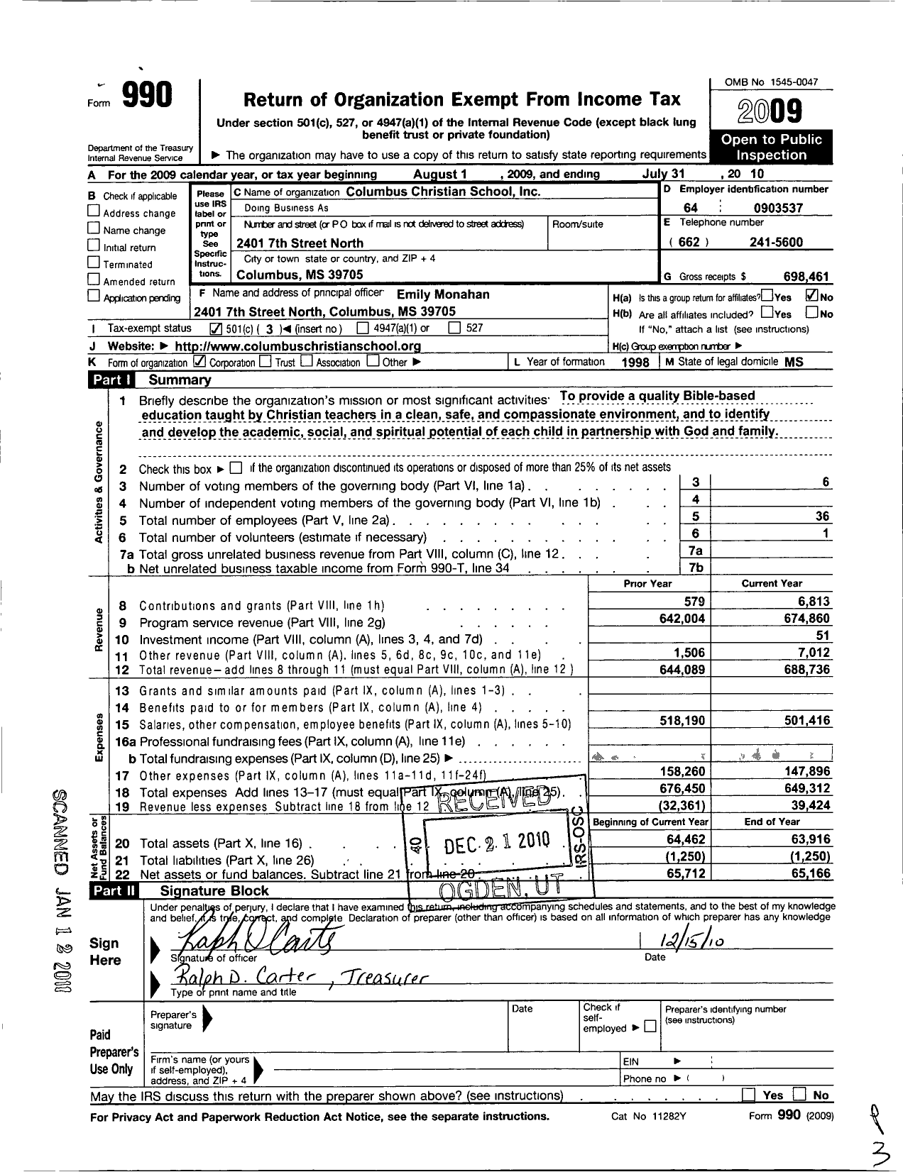 Image of first page of 2009 Form 990 for Columbus Christian School