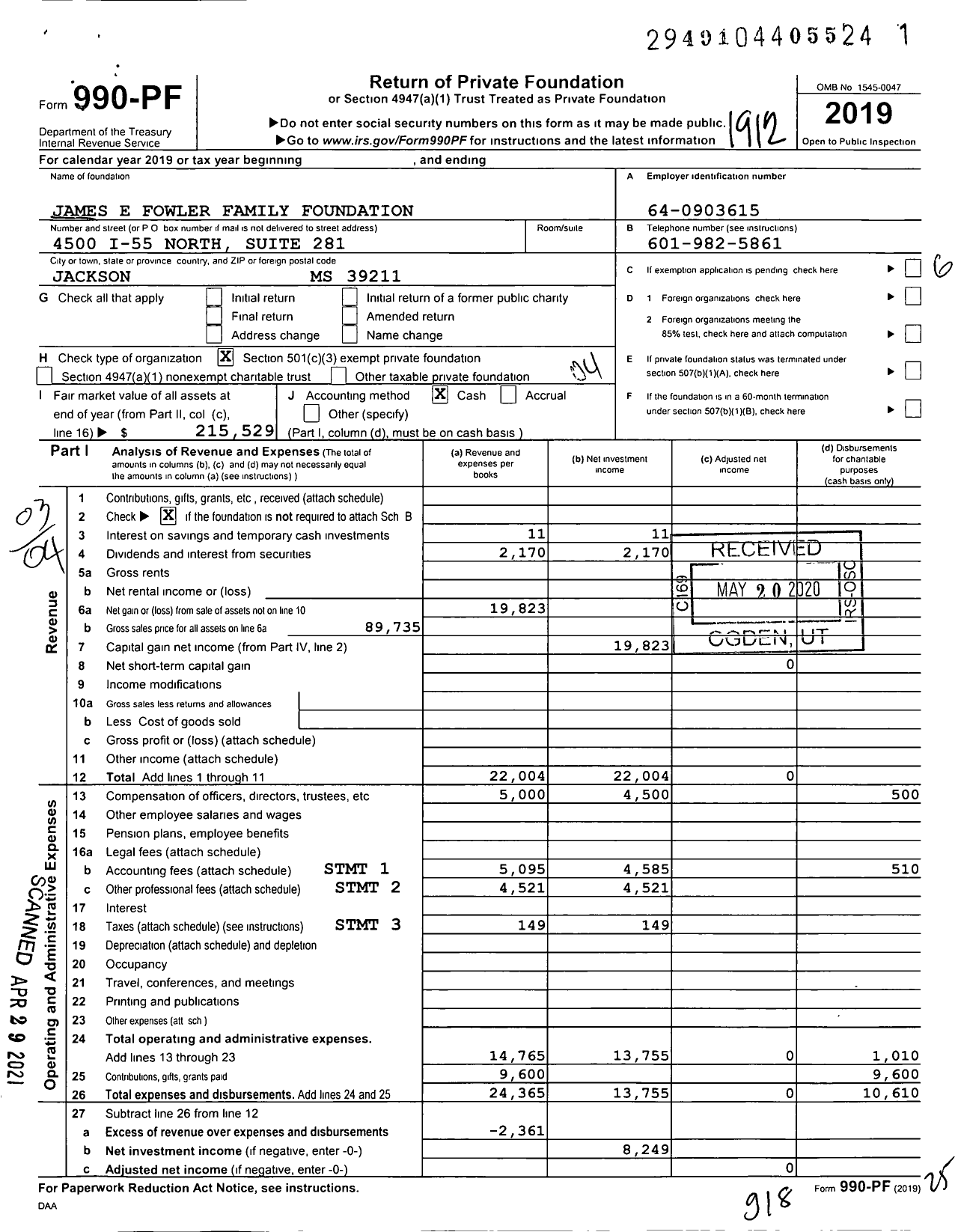 Image of first page of 2019 Form 990PF for James E Fowler Family Foundation