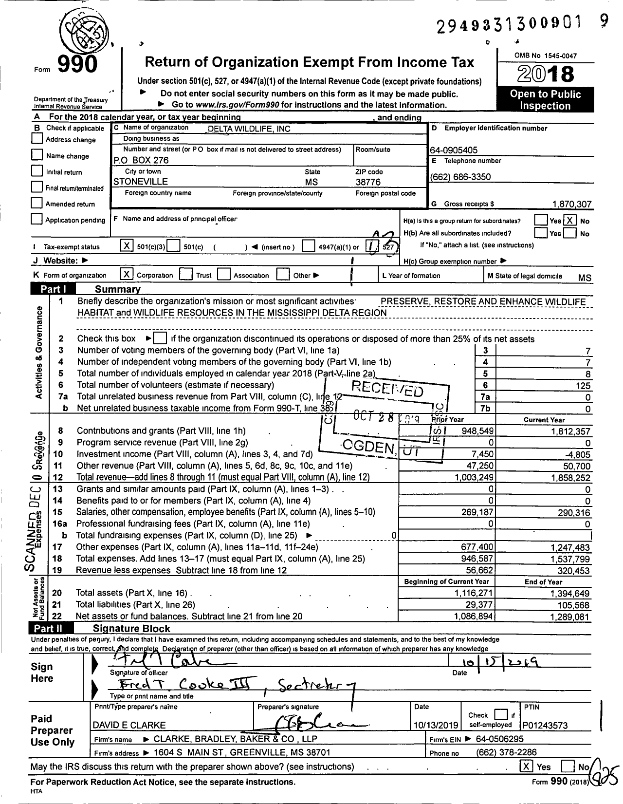 Image of first page of 2018 Form 990 for Delta Wildlife