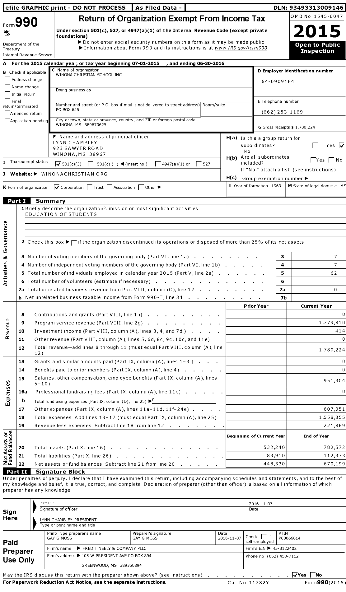 Image of first page of 2015 Form 990 for Winona Christian School