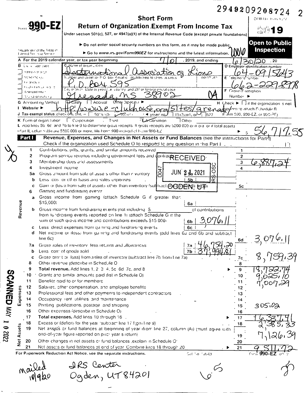 Image of first page of 2019 Form 990EO for Lions Clubs - 11285 Grenada