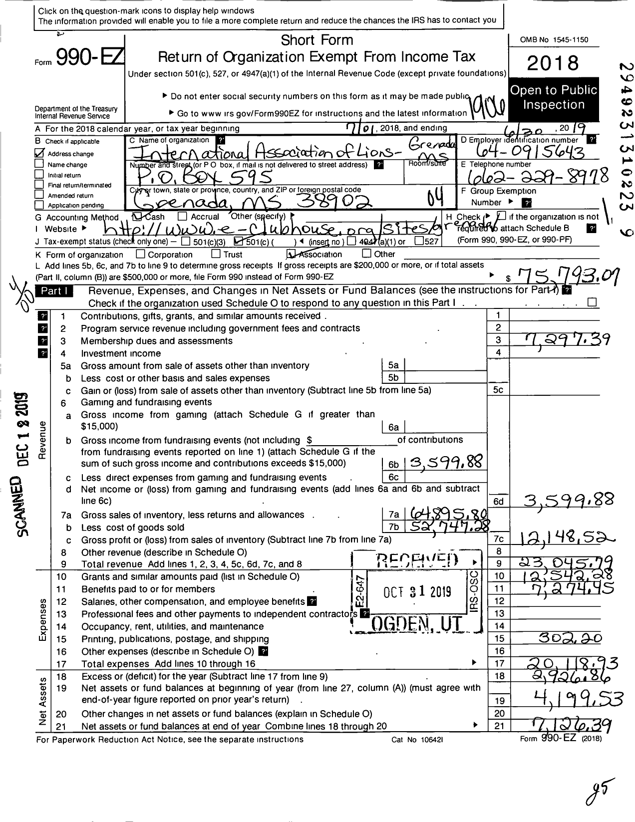 Image of first page of 2018 Form 990EO for Lions Clubs - 11285 Grenada