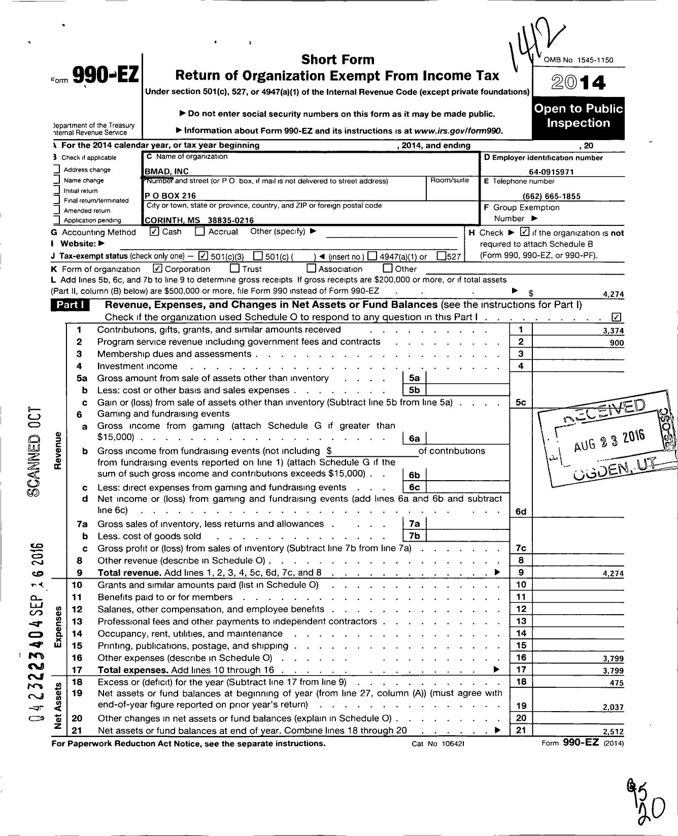 Image of first page of 2014 Form 990EZ for Bmad