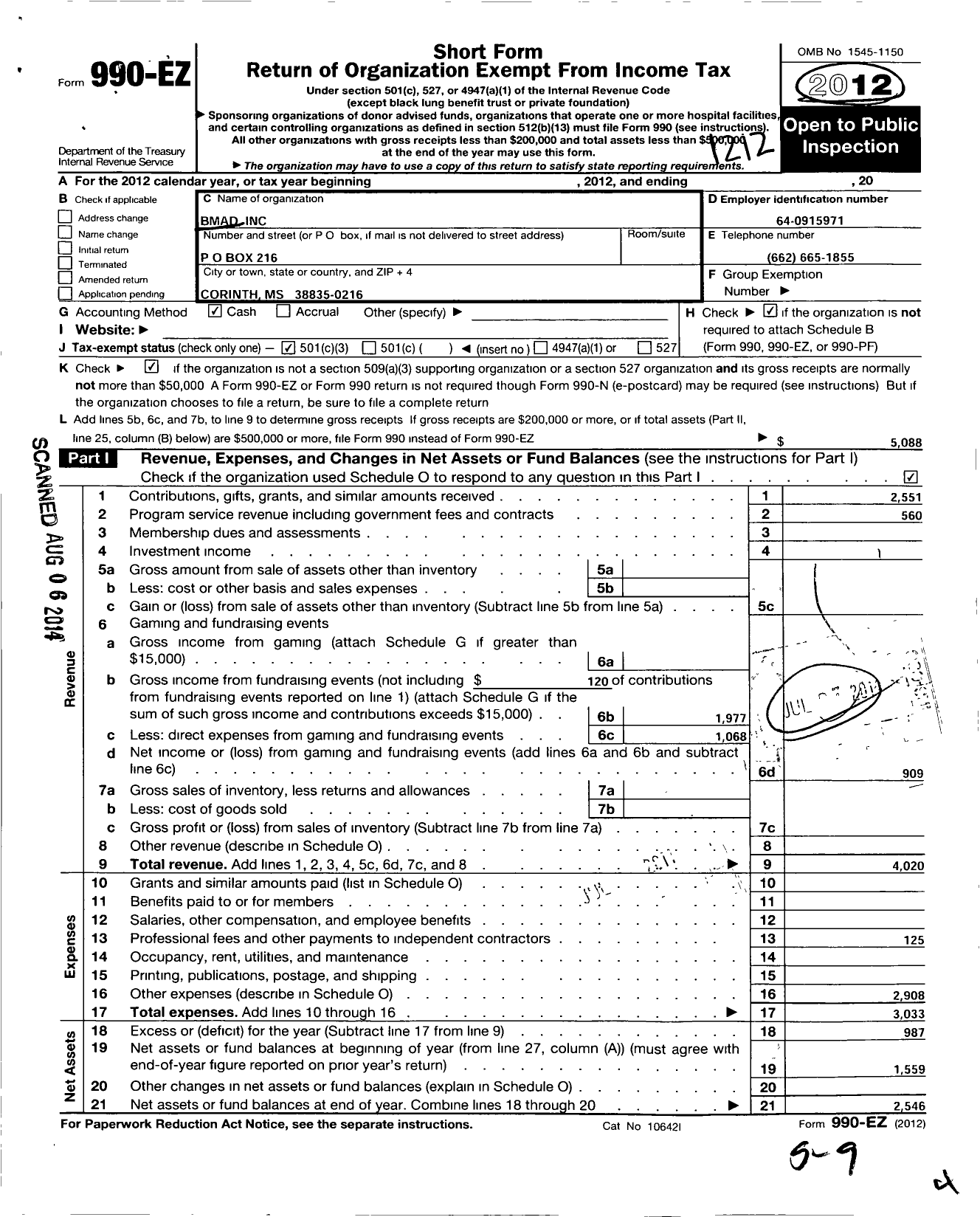 Image of first page of 2012 Form 990EZ for Bmad