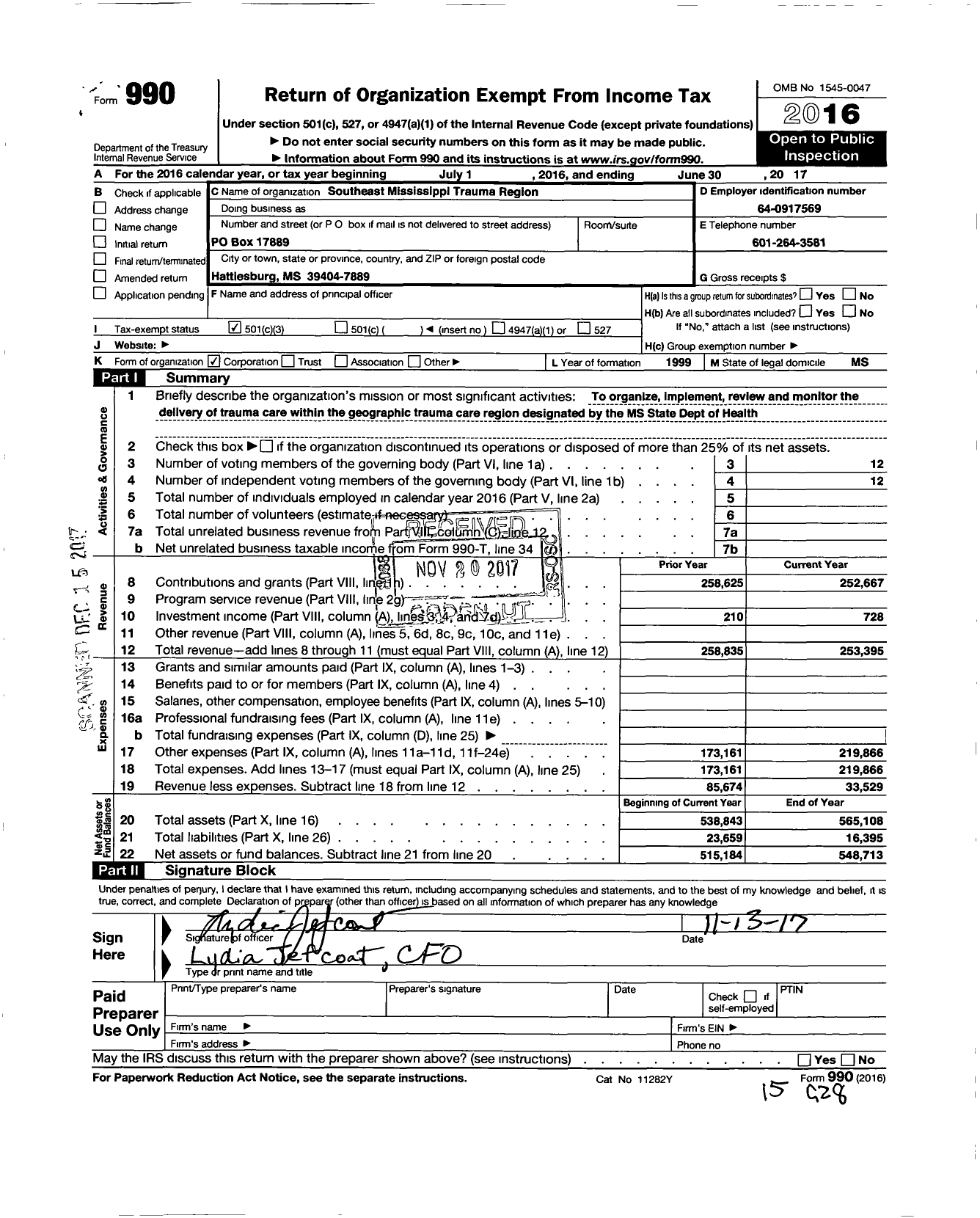 Image of first page of 2016 Form 990 for Southeast Mississippi Trauma Region