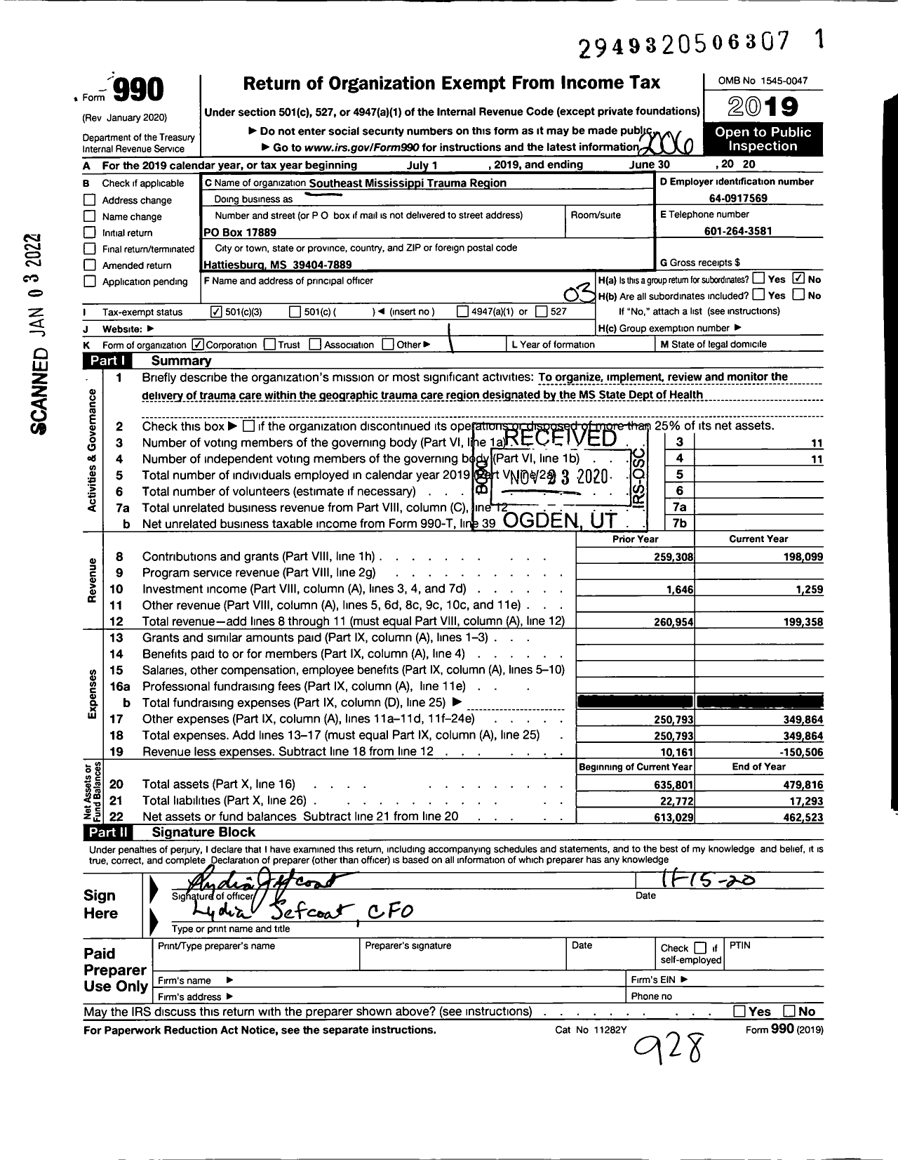 Image of first page of 2019 Form 990 for Southeast Mississippi Trauma Region