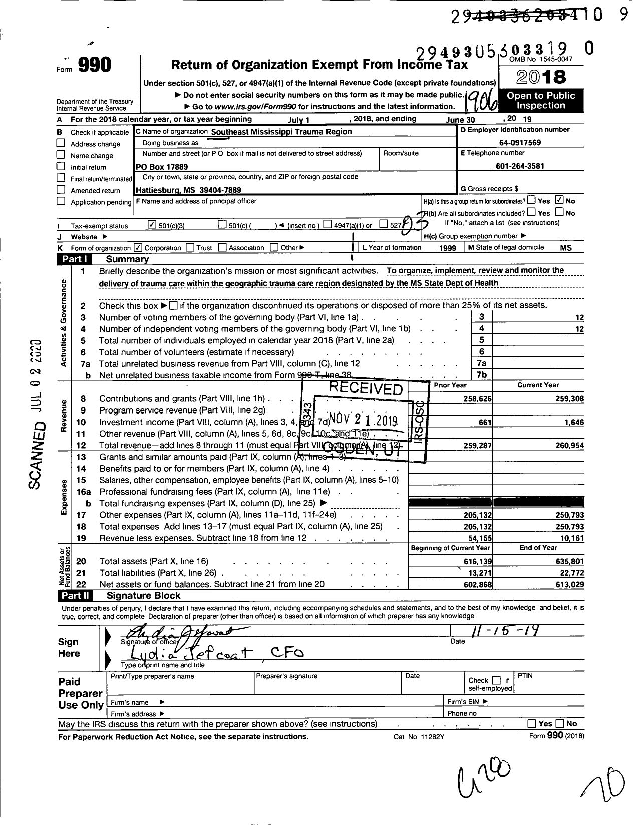 Image of first page of 2018 Form 990 for Southeast Mississippi Trauma Region