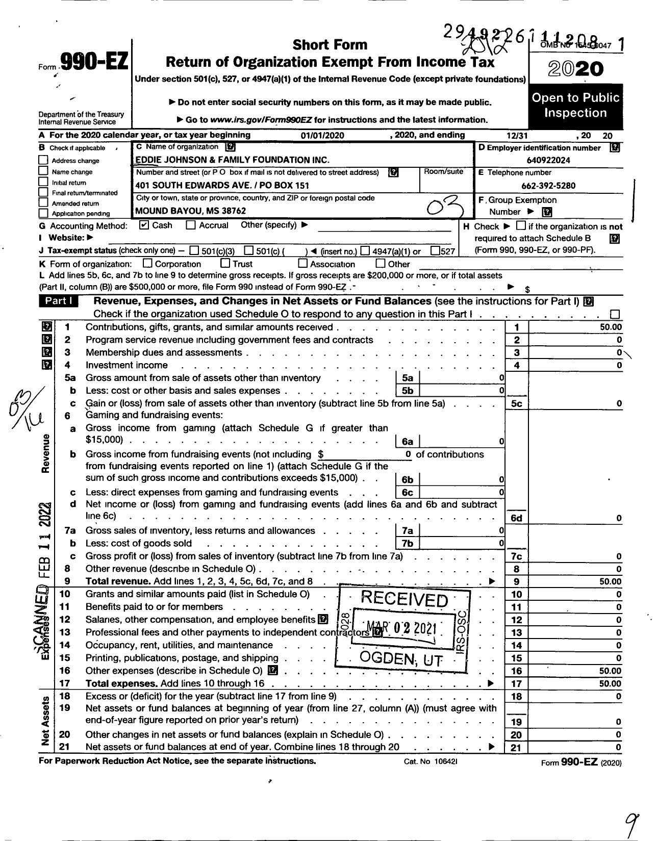 Image of first page of 2020 Form 990EZ for Eddie Johnson and Family Foundation