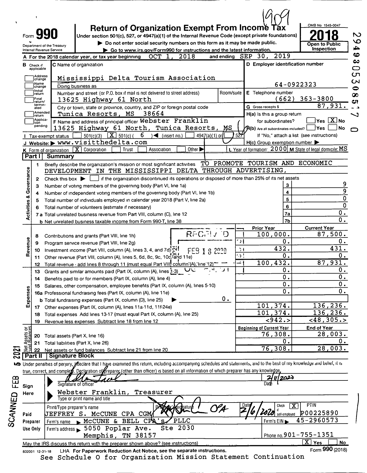 Image of first page of 2018 Form 990O for Mississippi Delta Tourism Association